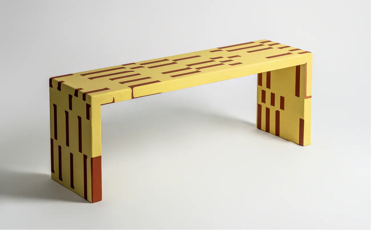 Panca Girgenti con piano in cotto e base conica decorata con intarsi geometrici.
